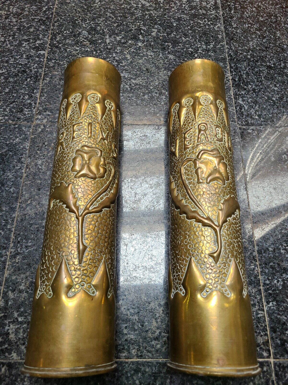 WWI French Trench Art Vase Pair (2) 1914-17 antique brass rose