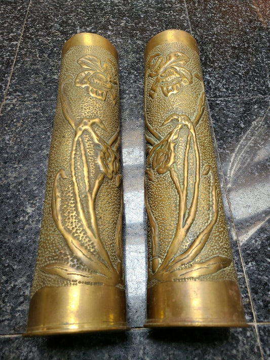 WWI French Trench Art Vase Pair (2) 1914-17 antique brass hammered rose