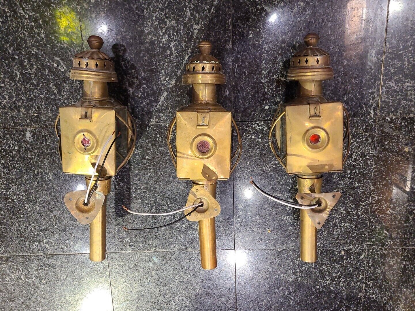 Brass Carriage Lamps antique brackets original glass matching (3) French lights